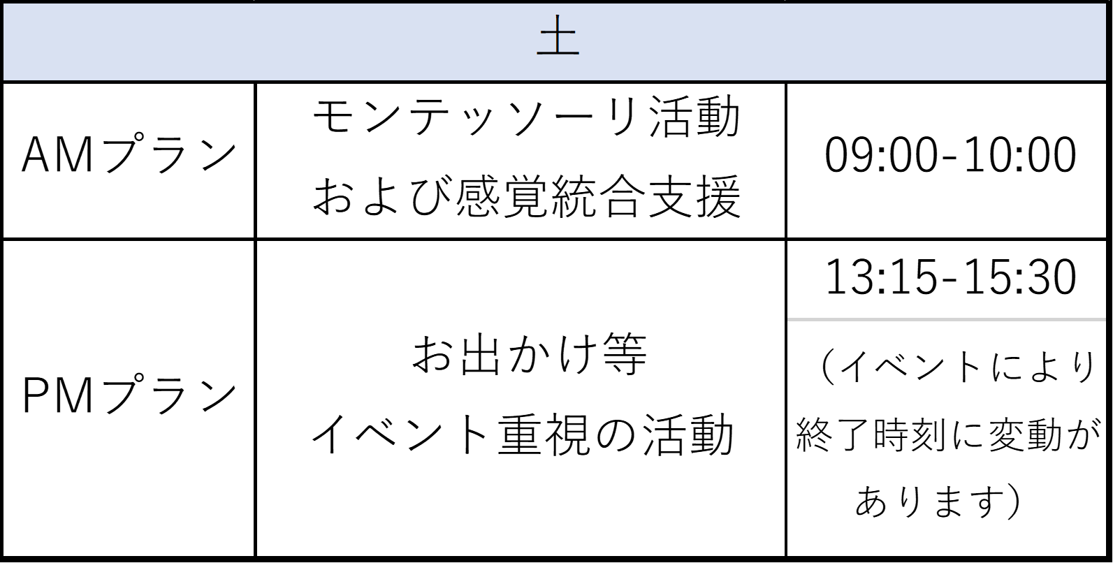 土曜の療育スケジュール表
